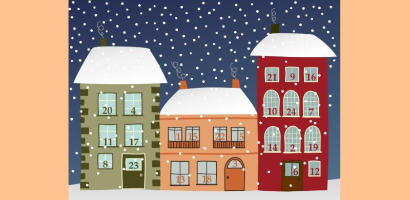 NRICH Advent calendar illustration of houses with numbered windows and doors